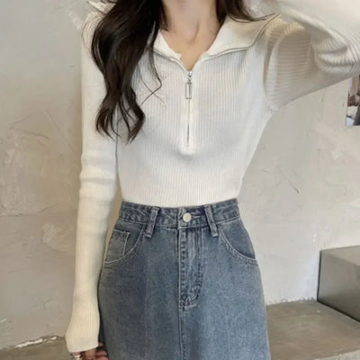 Zip Half Open Collar Knitted Sweater Spring and Autumn Long Sleeve Slim Bottom Shirt Women's Chic Top Pullover Y2k Korean Pulls