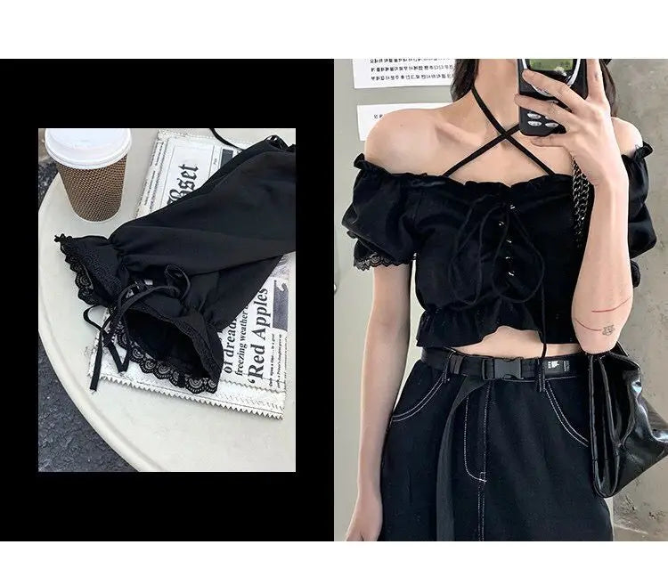 Women's Removable Sleeve T-shirt Drawstring Off Shoulder Crop Top Vintage Shirt Dark Style Harajuku Goth Tee Spring Y2k