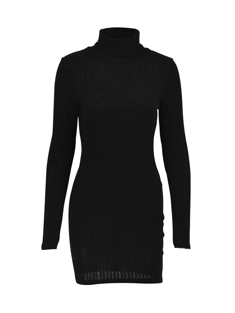 Autumn Black Mini Dress For Women Solid Long Sleeves Turtleneck Sexy Bodycon Sheath Dress Club Elegant Party Dresses Pullover