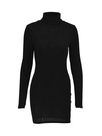 Autumn Black Mini Dress For Women Solid Long Sleeves Turtleneck Sexy Bodycon Sheath Dress Club Elegant Party Dresses Pullover