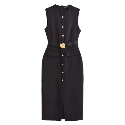 Women Long Dress Solid Color Summer Casual Slim Lady O-Neck Sleeveless Dresses Elegant Streetwear Female Button Up Belt Vestidos