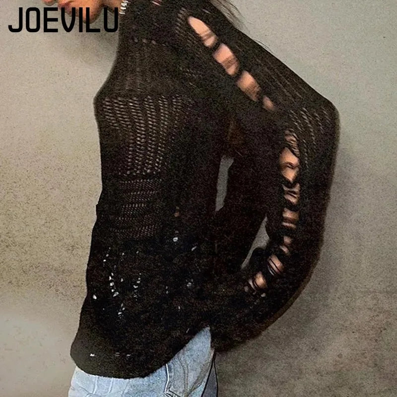 Women's Vintage Gothic Hollow Knit Sweater with Ripped Holes Grunge Y2K Style Thin Long Sleeve Loose Fit Summer Top in Black