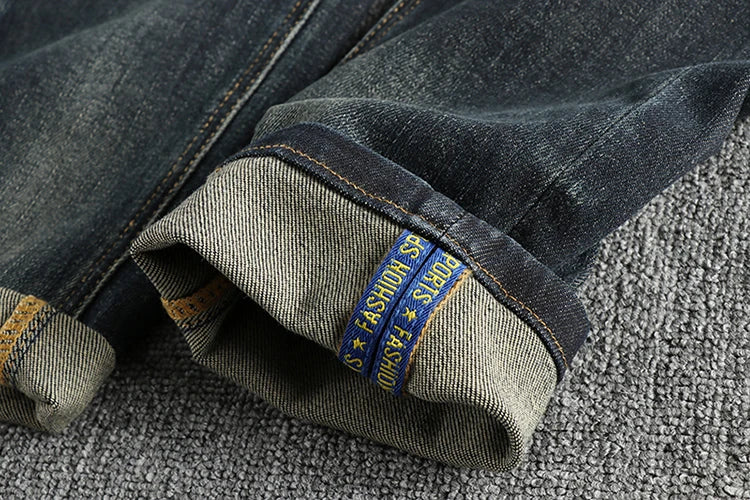 Vintage wash blue to do old simple embroidered jeans men fit small straight leg American trend personality youth pants
