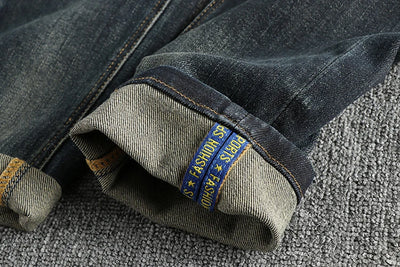 Vintage wash blue to do old simple embroidered jeans men fit small straight leg American trend personality youth pants