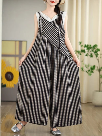 Oversized Summer Plaid Print Jumpsuit Women Wide Leg Loose Pleated Fashion Ladies Jumpsuits V-Neck Sleeveless Woman Jumpsuits