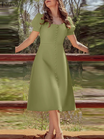 2025 ZANZEA Holiday Vestidos Women Summer Dress Fashion Elegant Square Neck Puff Sleeve Work Midi Dresses Stylish Party Sundress