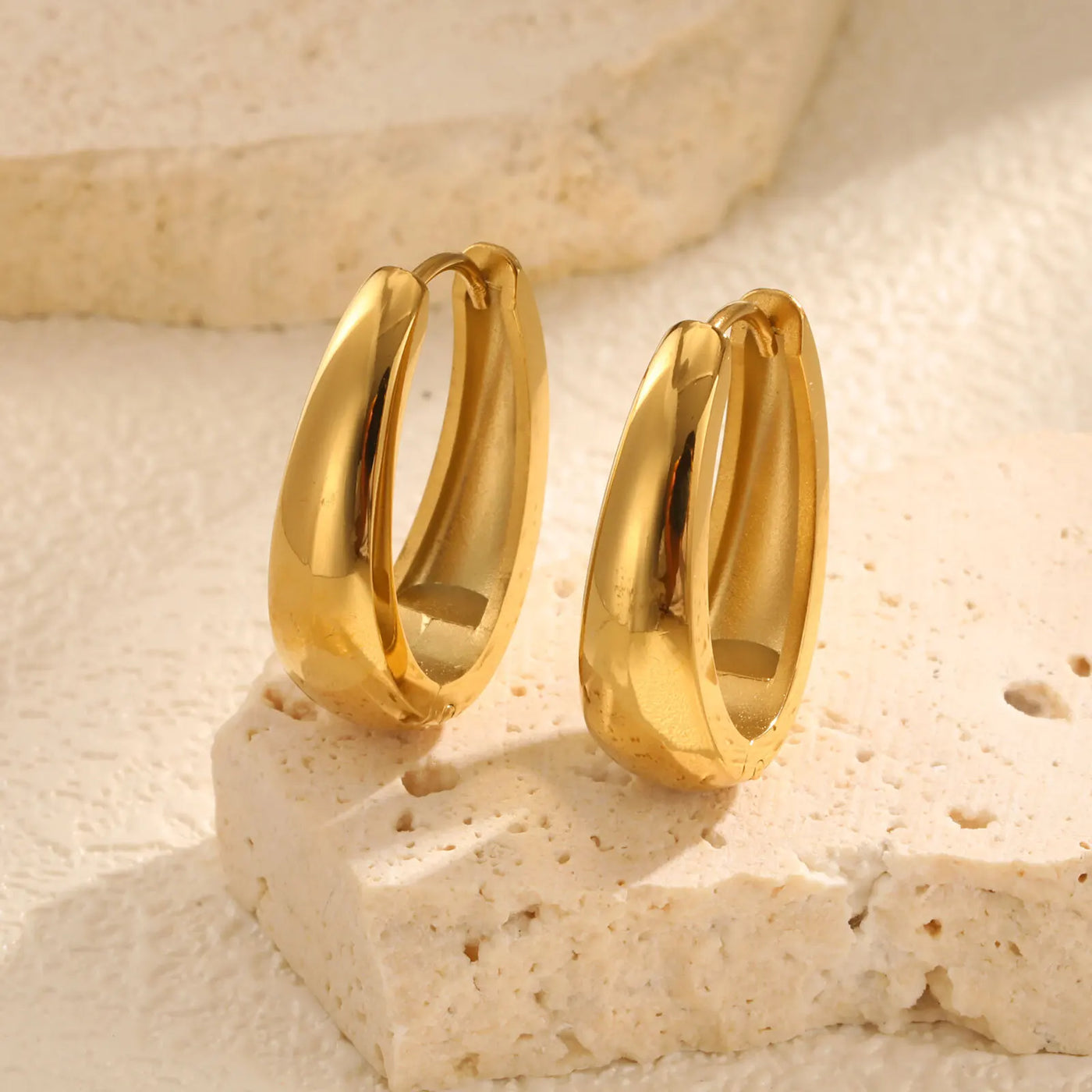 Oval Hoop Earrings for Women, Small Thick Geometic Earring Huggies, Gold Plated Hypoallergenic Minimalist Jewelry