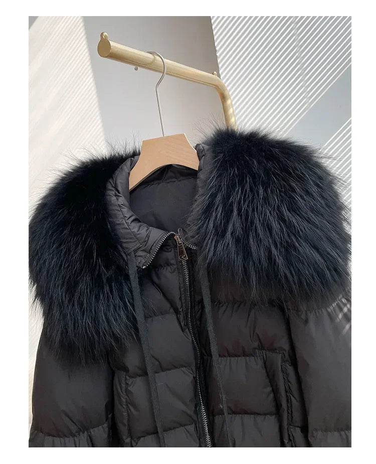 Fashionable Women's Winter Down Jacket Cropped Fox Fur Collar High End 90% White Duck Feather Coat Thick Long Sleeves