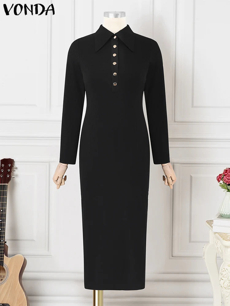 Plus Size 5XL VONDA 2025 Women Knitted Dress Sexy Long Sleeve Split Long Dress Lapel Collar Sundress Casual Robe Solid Vestidos