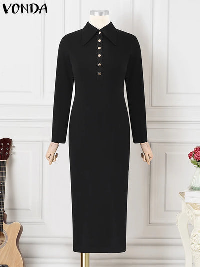 Plus Size 5XL VONDA 2025 Women Knitted Dress Sexy Long Sleeve Split Long Dress Lapel Collar Sundress Casual Robe Solid Vestidos