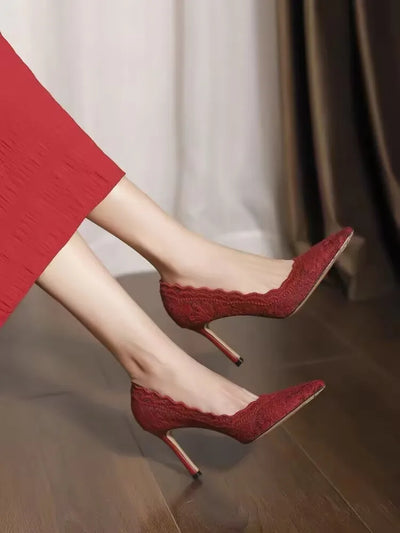 White Wedding Shoes Bridal Shoes Design Sense Niche Lace Pointed Stiletto Heel Shallow French High Heels Female Temperament