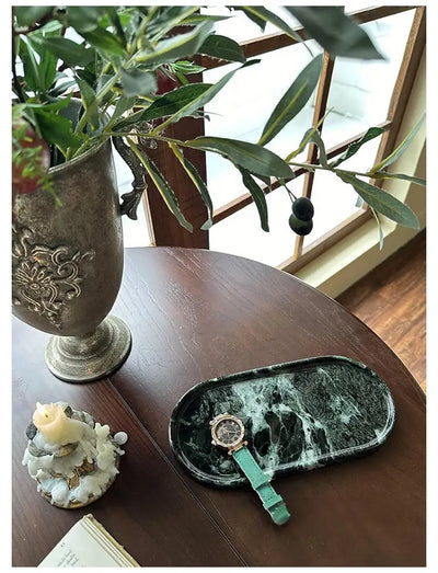 Luxury Green Marble Oval Tray: Bathroom Organizer & Fruit Serving Platter, Waterproof Stone Decor for Hotel Spa Home Kitchen