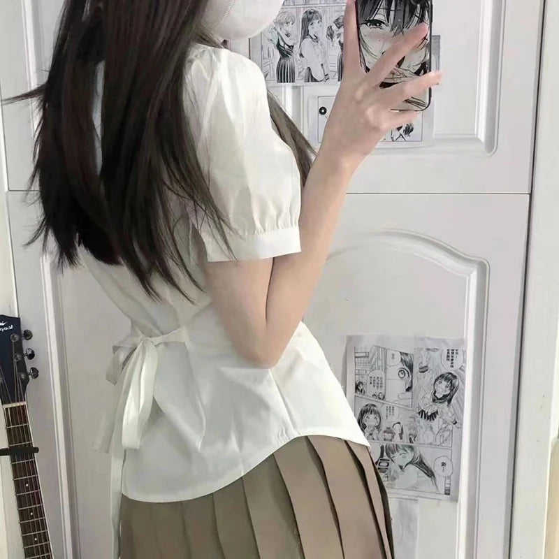 White Sweet Shirt Women Korean Fashion Preppy Style Jk Bandage Short Sleeve Shirt Ladies Summer Y2K Slim Elegant Bow Tops New