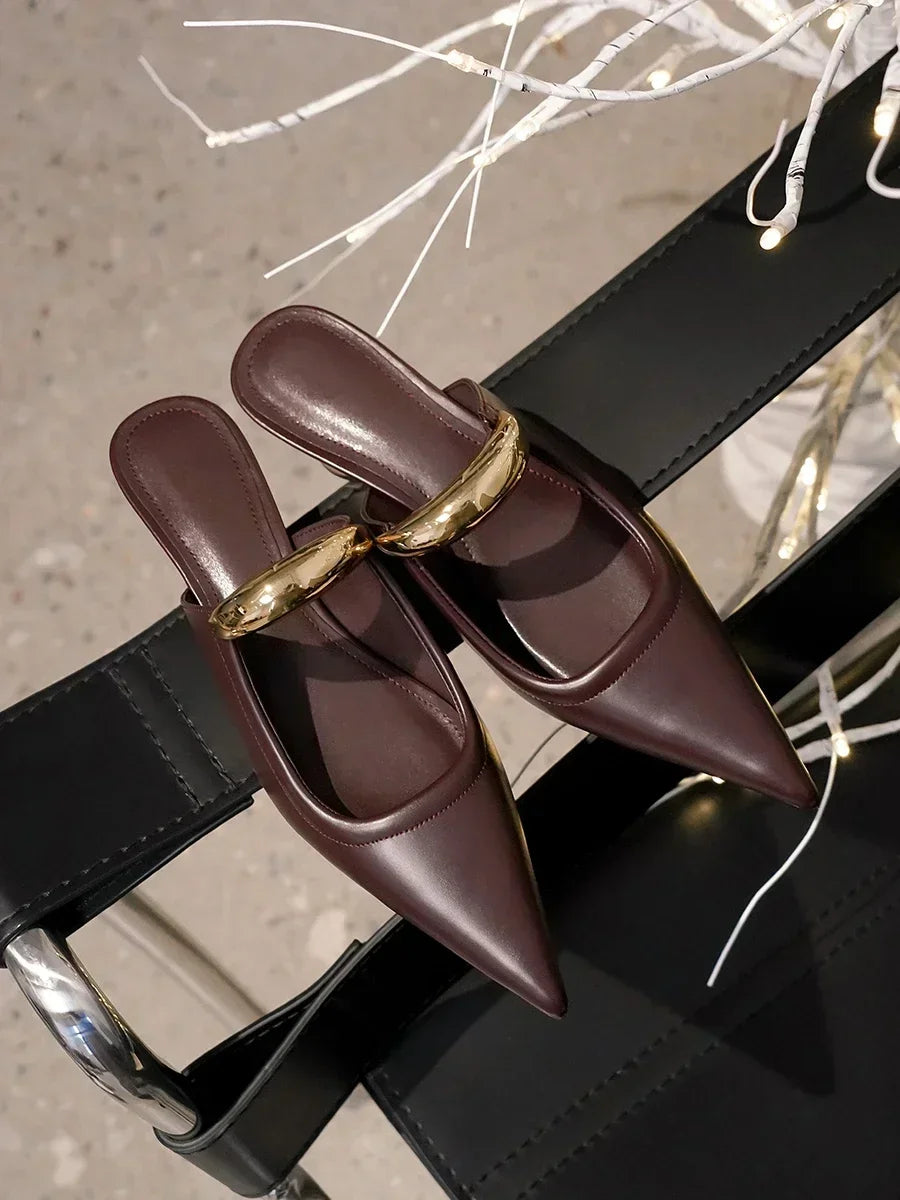 Punk Gothic Metal Buckle Low Heels Sandals Women 2025 New Pointed Toe Thick Heeled Summer Slippers Woman Platform Muller Shoes