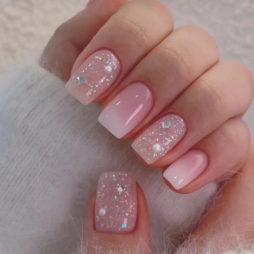 24pcs Press on Nails Square Flower False Nails Wearable Stick-on Nails Fake Nail Uñas Postizas Mujer Накладные Ногти 네일팁