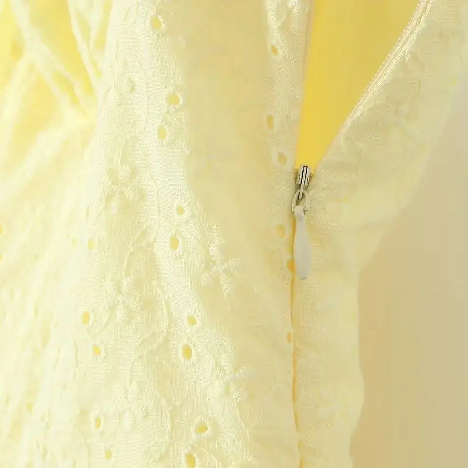 2024 Sexy Yellow Hollow out Embroidery Lace Cotton Corset Style Bow Sling Dress Women Low Waist Ball Gown Swing Mini Party Robe