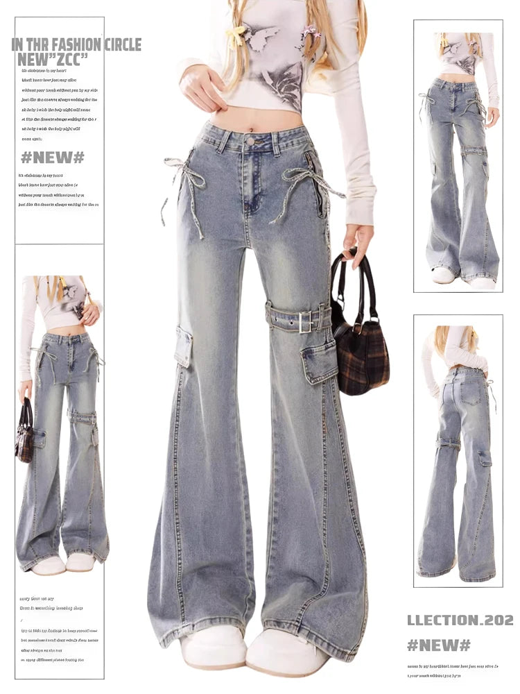 Y2K Patchwork Cargo Jeans Women High Waist Flared Denim Pants Buckle Strap Lace-Up Design Streetwear Retro Bell Bottom Trousers