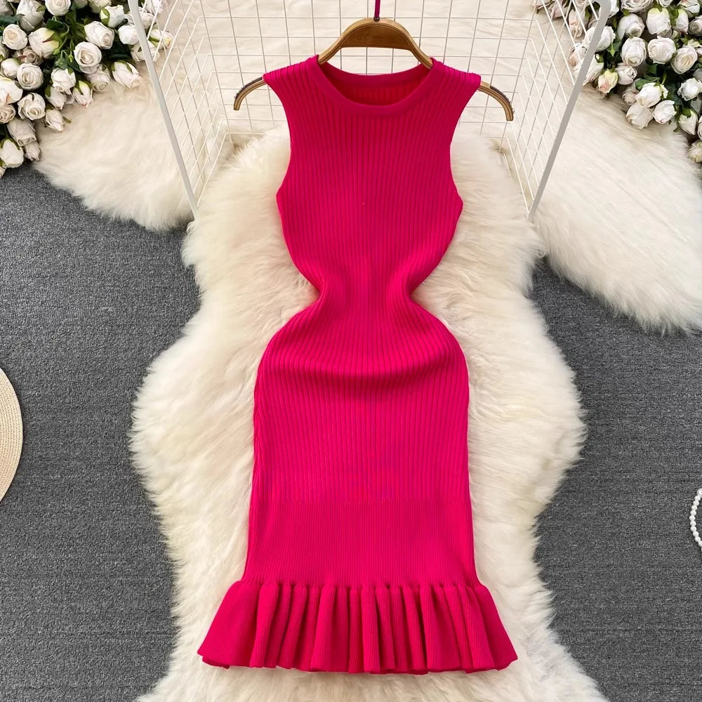 Chic Fashion Sexy Package Hipps Knitted Mini Dress Women Summer Elegant Ruffled Bodycon Dress Lady Streetwear Outfits