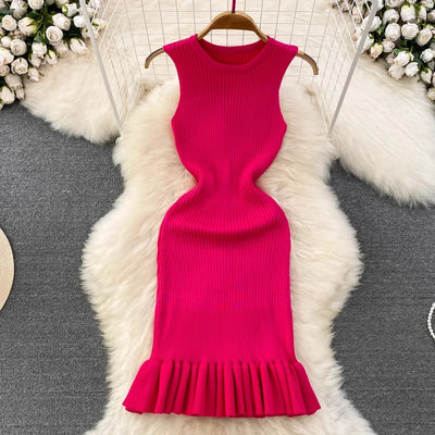 Chic Fashion Sexy Package Hipps Knitted Mini Dress Women Summer Elegant Ruffled Bodycon Dress Lady Streetwear Outfits