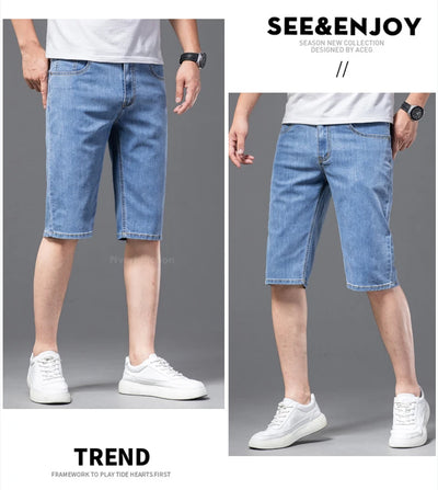 Fashion Men's Straight Denim Shorts Summer Thin Elastic Casual Bermuda Jeans Breathable Fabric Male Clothes Boardshorts