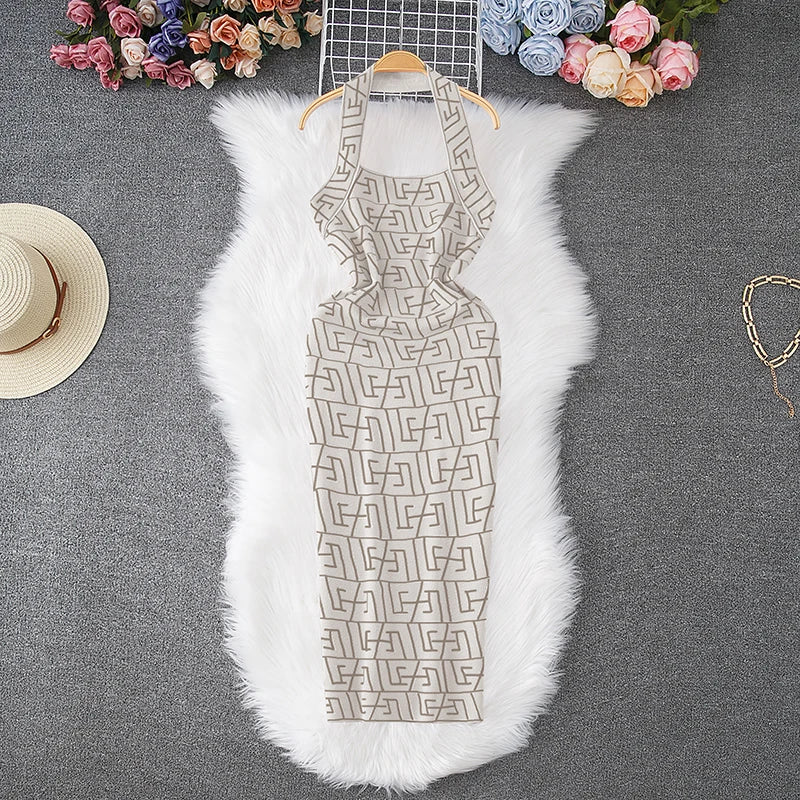 YuooMuoo Women Dress Brand Fashion Geometric Knitting Y2K Halter Bodycon Summer Dress  Sexy Wrap Hips Halter Mini Party Vestidos