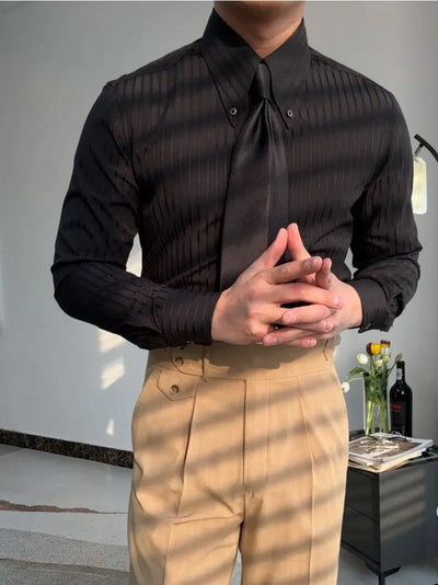 New Daily Business Leisure Mens Stripe Shirt Vintage Single Breasted Slim Fit Office Man Slim Fit Shirts Turn-Down Collar Tops