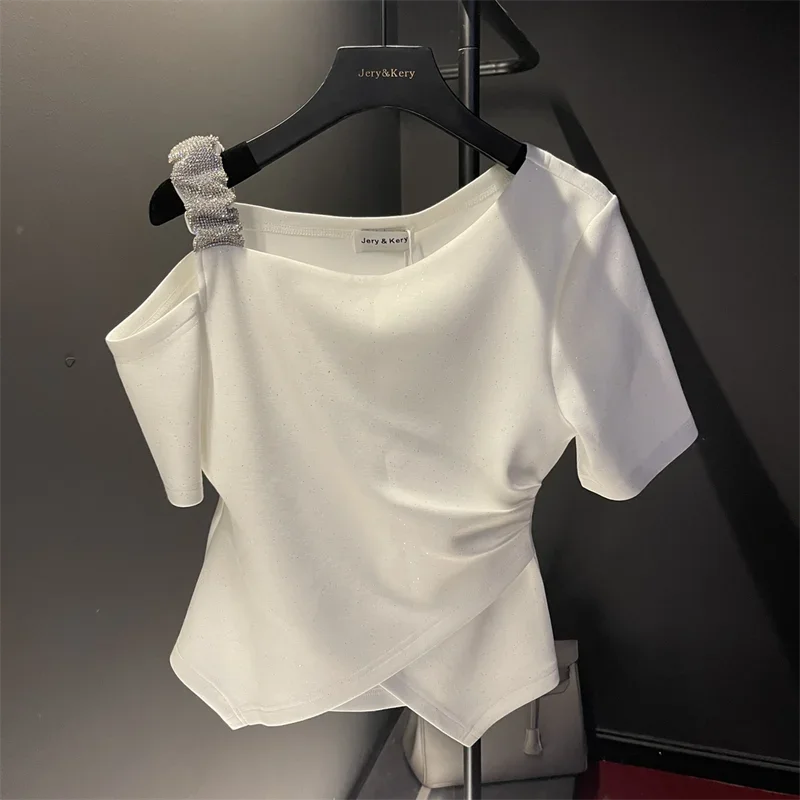 Crop Tops Tshirts for Women Solid Color Diamond Tunic Tees 2024 Ropa Mujer Slim Waist Off Shoulder Fashion Sweet Sexy T-shirt