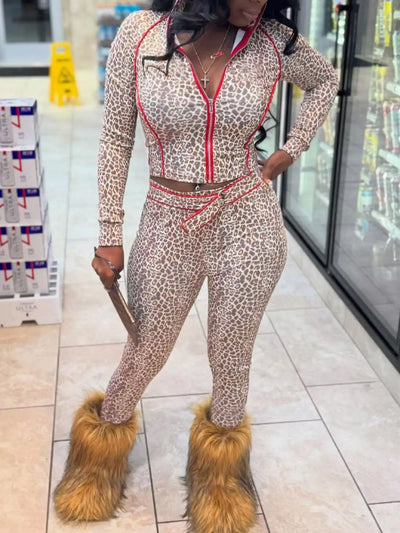 Weird Puss Leopard Print 2 Piece Set Women Tracksuit Casual Crop Jacket+Metal Sash Leggings Street Matching Club Stretch Outfits