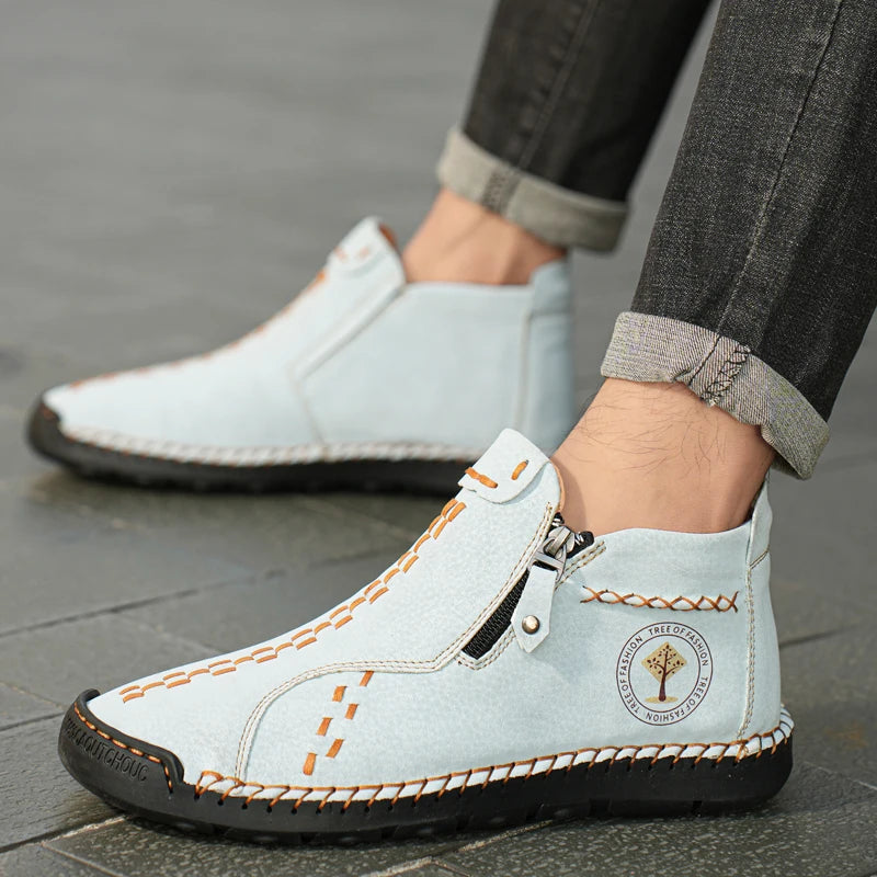 Handmade Leather Casual Shoes For Men Sneakers Men Flat Footwear Zipper Leather Boots Men Ankle Plus Size 39-48