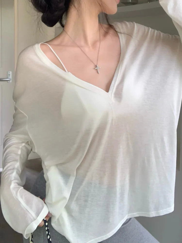 Women Oversized T Shirt Spring Summer V-neck Casual Fashion Loose Thin Long Sleeve Top Pullovers Chic White See Through T-shirt