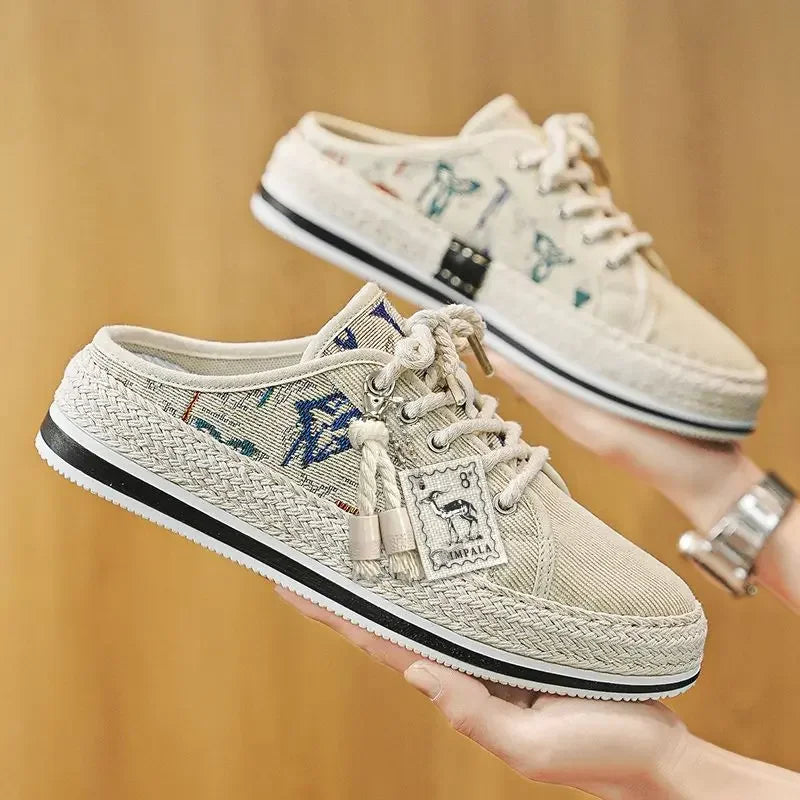 Shoes Summer Mules Half Sandals Man Canvas Slippers for Men Original Designer Luxury High Quality Fashion Rubber Casual Adult