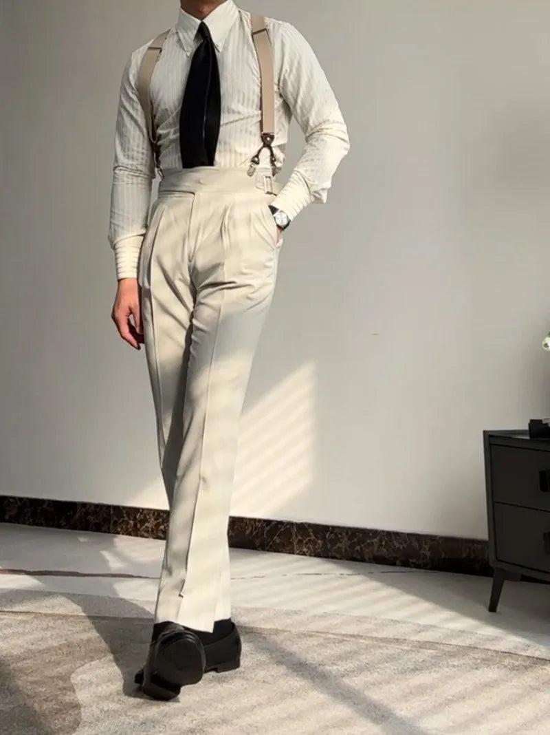 New Daily Business Leisure Mens Stripe Shirt Vintage Single Breasted Slim Fit Office Man Slim Fit Shirts Turn-Down Collar Tops