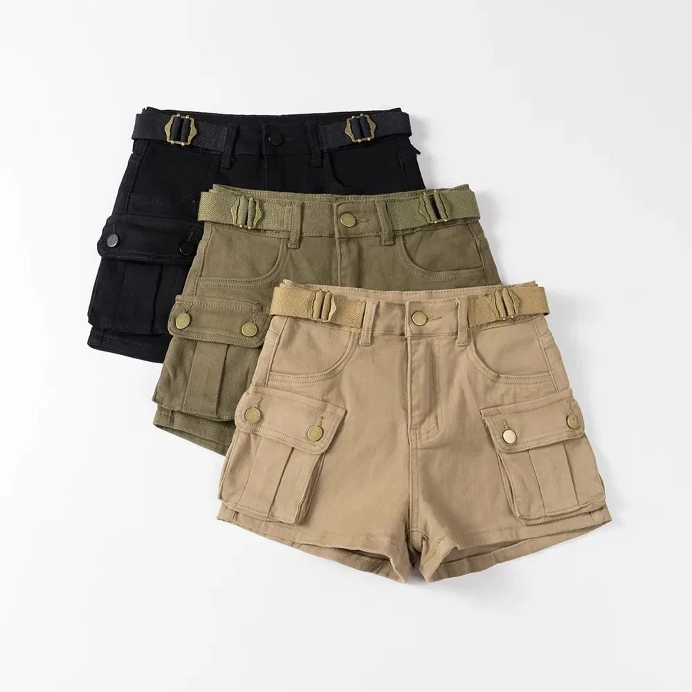 Women's Summer High Waisted Stretchy Denim Shorts Korean Cargo Style Slim Fit Ultra Short Hot Pants with Large Pockets for Dance
