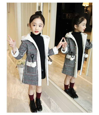 Autumn Winter Girls Hairy Coat Fashion Design Long Coat for Girls Kids Outerwear Grid Pattern Warm Winter Jacket Coats 4-12T