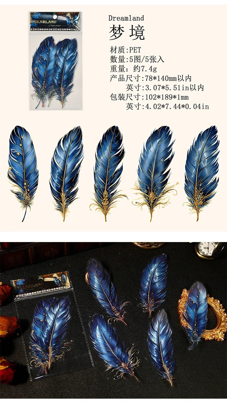 Journamm 5pcs/pack Big Size Feathers Stickers Waterproof PET DIY Scrapbooking Art Collage Junk Journal Decor Sticker Stationery