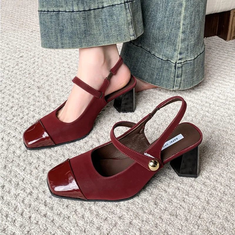 Square Heels Mary Janes Square Toe Med Heels Flats Spring/Autumn Solid Color Women's Shoes Buckle Strap Fashion Ladies Sandals
