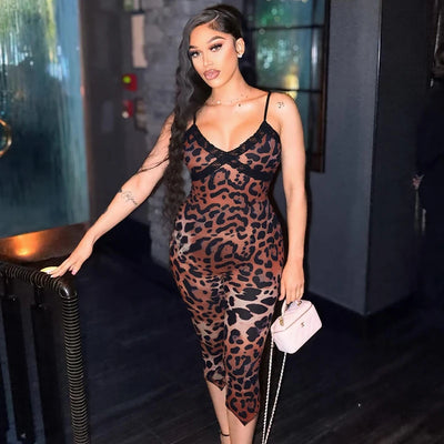 CUTENOVA New Women'S Leopard Print Lace Trim Patchwork Camisole Jumpsuit Bodycon Seven Points Jumpsuit Fashion Streetwear Romper