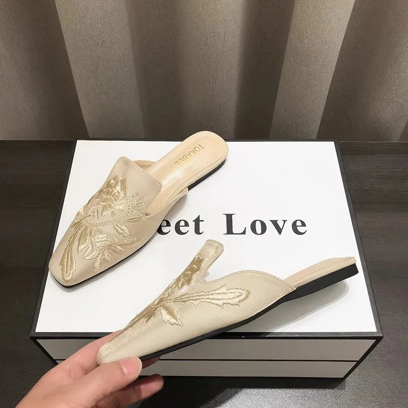 Women's Mules Slippers Summer Footwear Flats Retro Chinese Style Flowers Elegant Dress Low Heel Sandals Designer Slides on sales