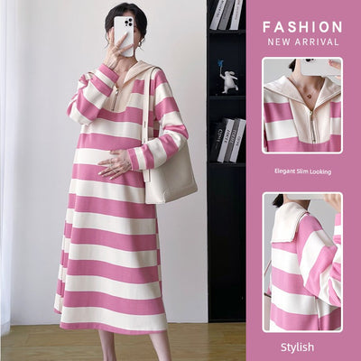 2025 Spring Clothing New Arrival K-style Plus Size Maternity Stripes Dress Fashionable Mom Pullover Sweatshirt Lapel Long Skirt
