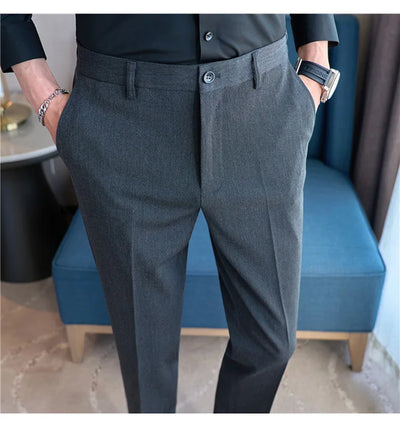 High End Elastic Waistband Suit Pants for Men Embroidered Business Casual Pants Solid Colror Versatile Social Office Trousers