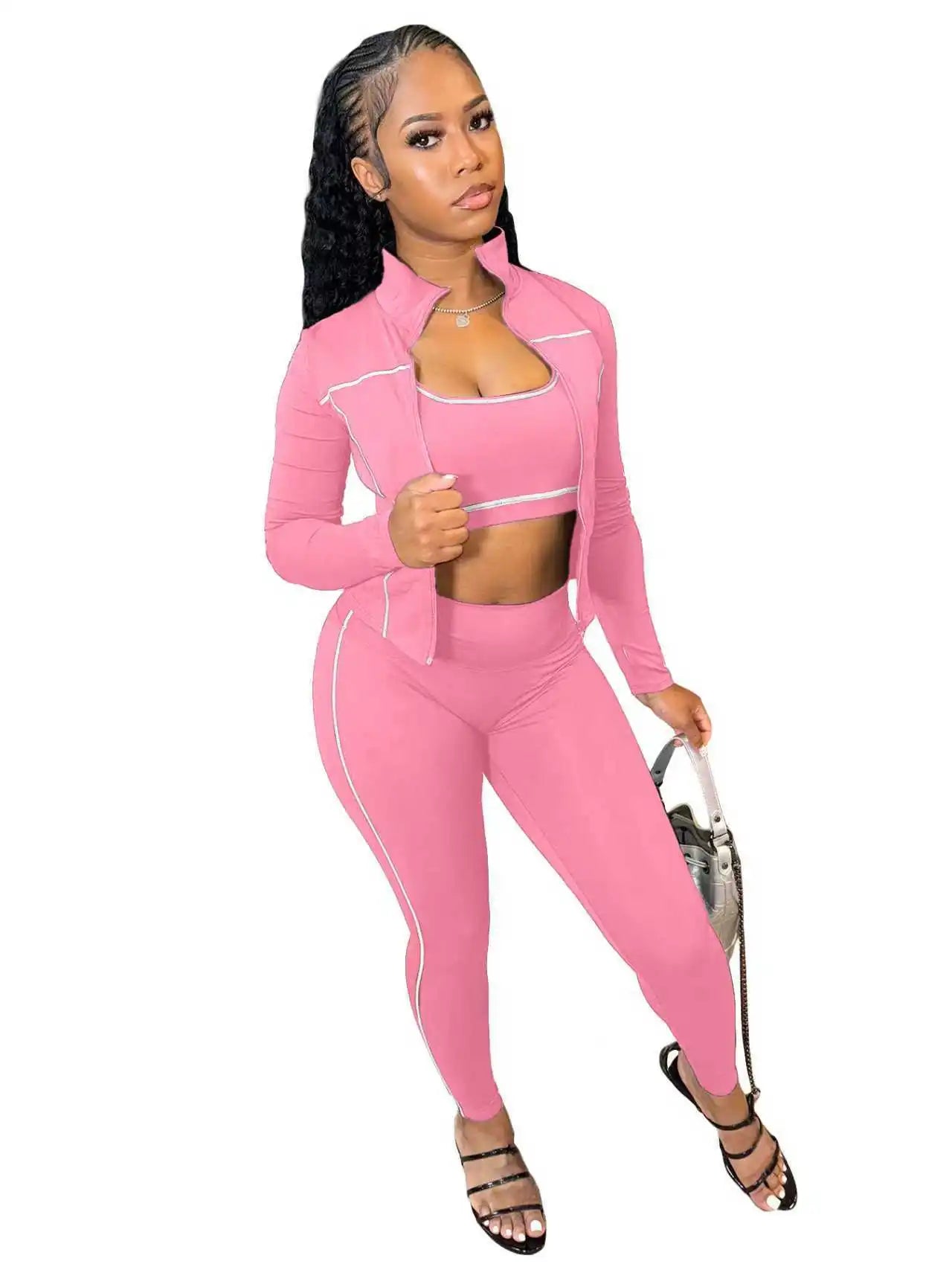 FLARORA Casual Sporty Three Piece Sets Woman Stripe Patchwork Sleeveless Vest+Jacket+Pant Outfits Female Yoga Fitness Tracksuits