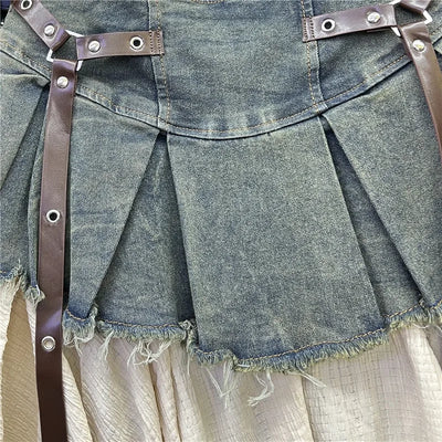 Retro Spliced Denim Pleated Skirt for Women Summer New Temperament Hot Girl Fashionable High Waist A-line Skirt