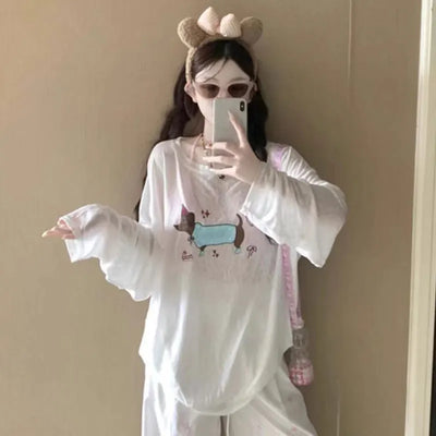 Women's Summer White Sheer Dachshund Print Loose Slim-Fit Long Sleeve T-Shirt Sun Protection Cover-Up Sweet Sexy Casual Lazy Top