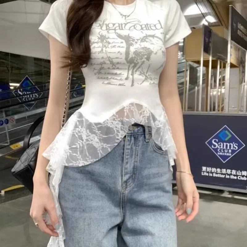 Y2K Brand Cute Deer Graphic Crop Top White Lace Ruffles Tassels Skirt T-shirts Punk Hip Hop E-girl Sexy Club Summer Tees Casual