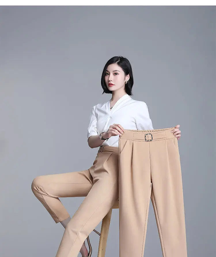 Elegant High Waist Elastic Harem Pants for Women Commuter Casual Capri Pants Fashion Solid Color Pockets Sashes Trousers 4XL