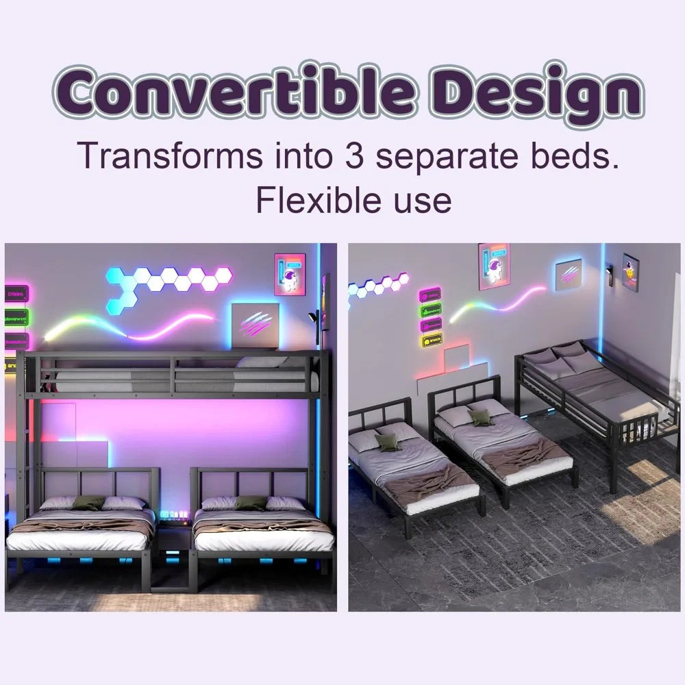 Triple Bunk Bed with LED Lights,Metal Bunk Beds Convertible to 3 Beds with Charging Station,Heavy Duty Bunk Bed Frame