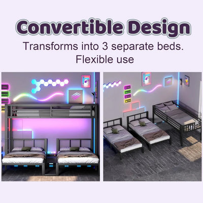 Triple Bunk Bed with LED Lights,Metal Bunk Beds Convertible to 3 Beds with Charging Station,Heavy Duty Bunk Bed Frame