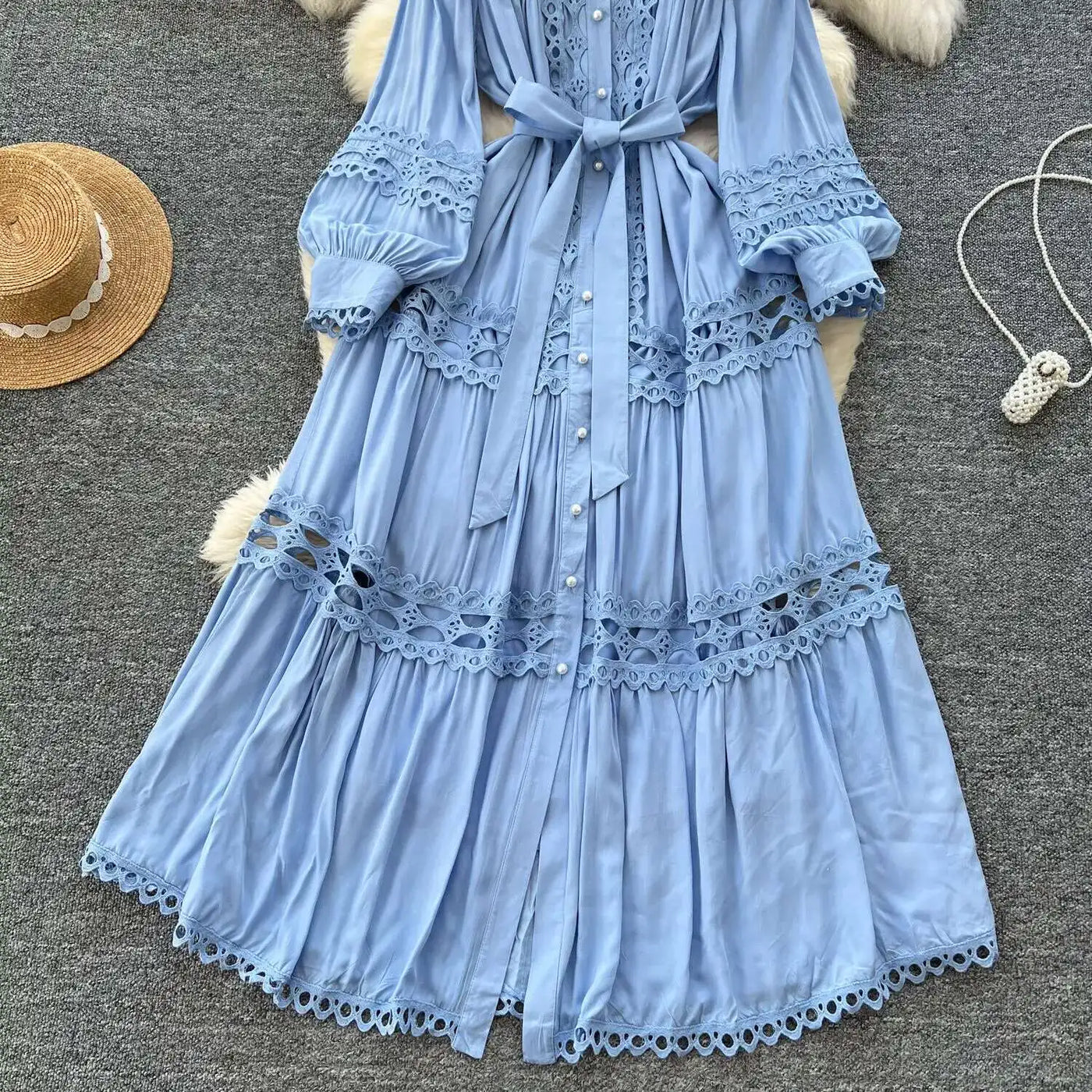 Elegant Long Maxi Hollow Out Dress Shirt Women Summer Autumn Palace Retro Pearl Button Embroidery Crochet Evening Party Vestidos