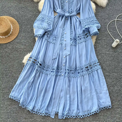 Elegant Long Maxi Hollow Out Dress Shirt Women Summer Autumn Palace Retro Pearl Button Embroidery Crochet Evening Party Vestidos