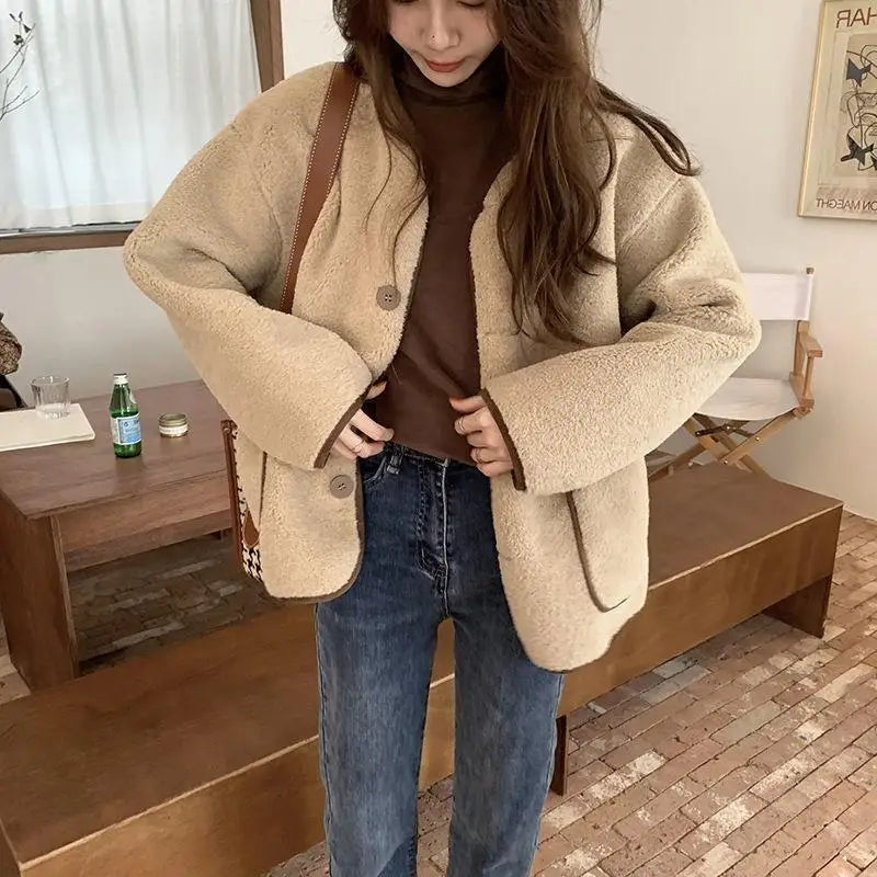Women Autumn Winter Warm Teddy Coat Berber Fleece Round Collar Short Jacket Plush Outerwear Female Fashion Streetwear Clothes